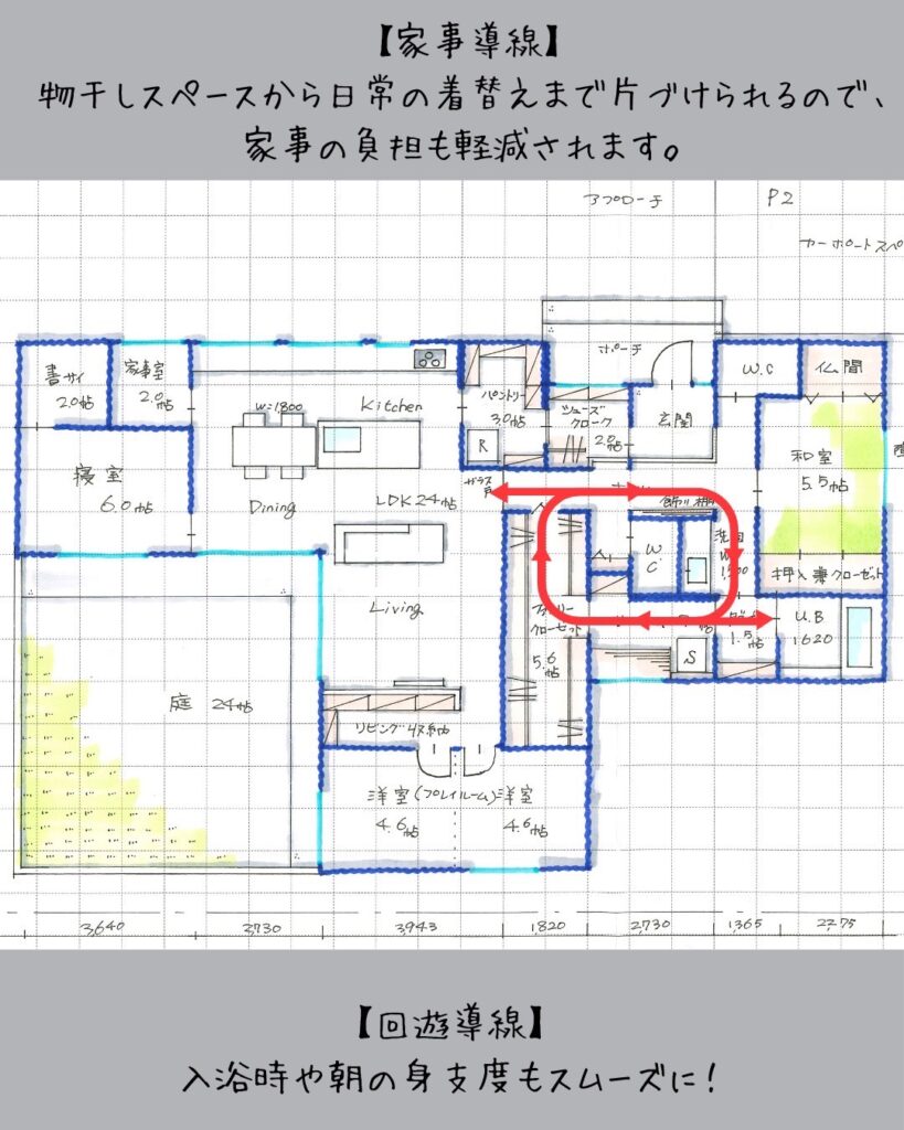福井 注文住宅 ランドリールームと脱衣室を分けた間取り