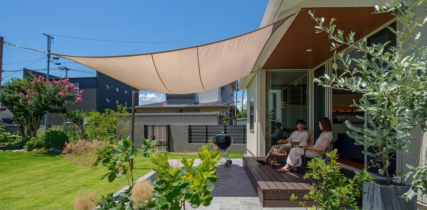 タープで日射遮蔽を行い夏を快適に過ごす住まい